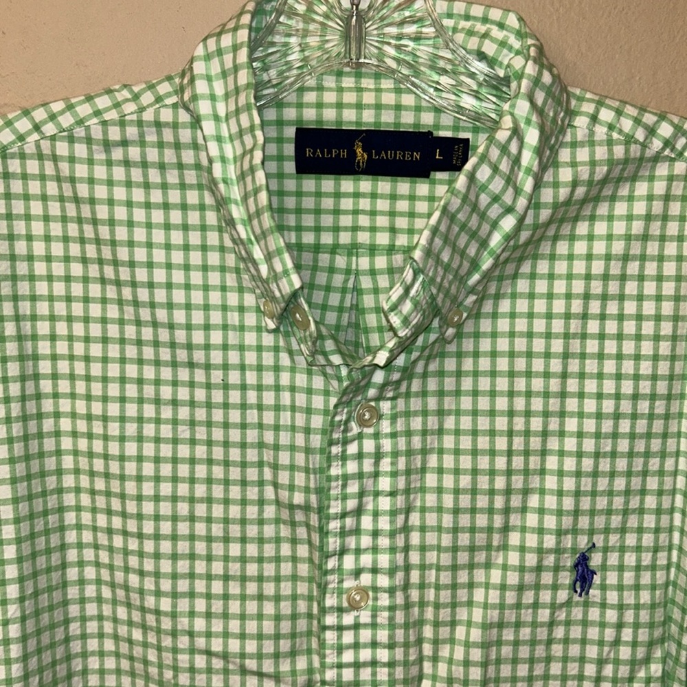 Ralph Lauren Green and White Long Sleeve Button Down Shirt Size L